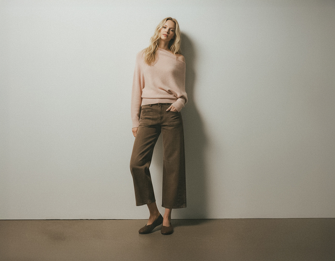 Model in High Rise Front Welt Pocket Detail Barrel Jeans and Long Sleeves Knit top, linking to Flying Monkey fresh arrivals collection.